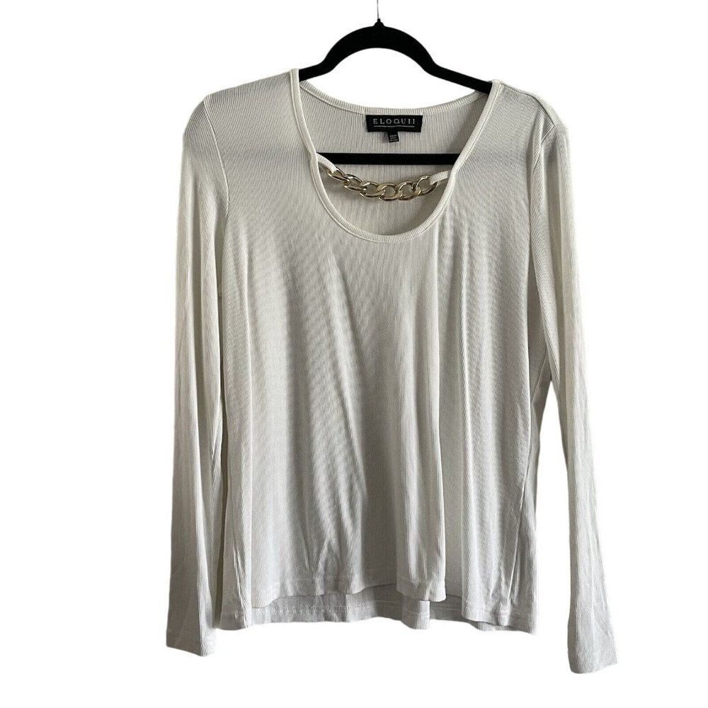 Eloquii Women 14/16 Ivory Ribbed Cutout Chain Detail Long Sleeve Top